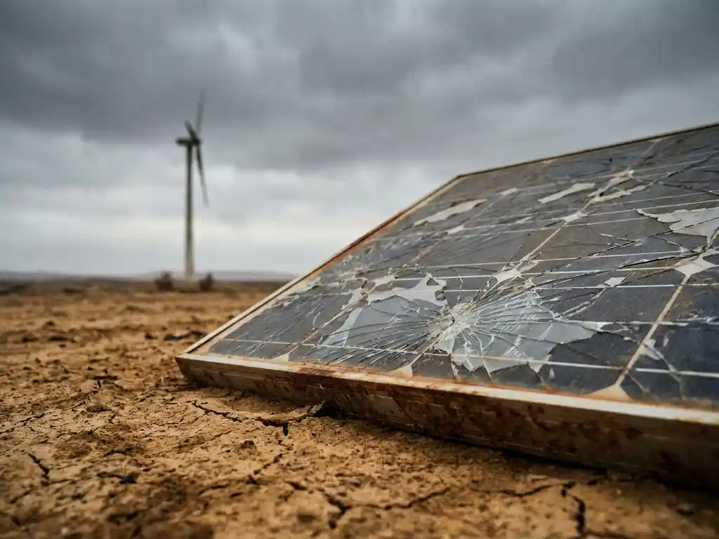 Cracked solar panel half-buried in dry, parched earth with a motionless wind turbine in the overcast background.
