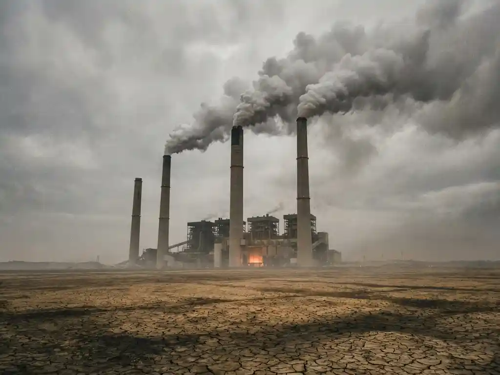 Coal-fired power plant emitting thick grey smoke from tall chimneys over cracked, arid land under a heavy overcast sky.