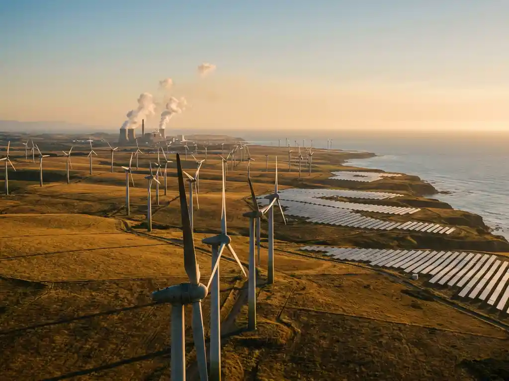 Coastal wind farm with towering turbines and solar panels in golden-hour light, industrial facility emitting clean white steam in the distance.