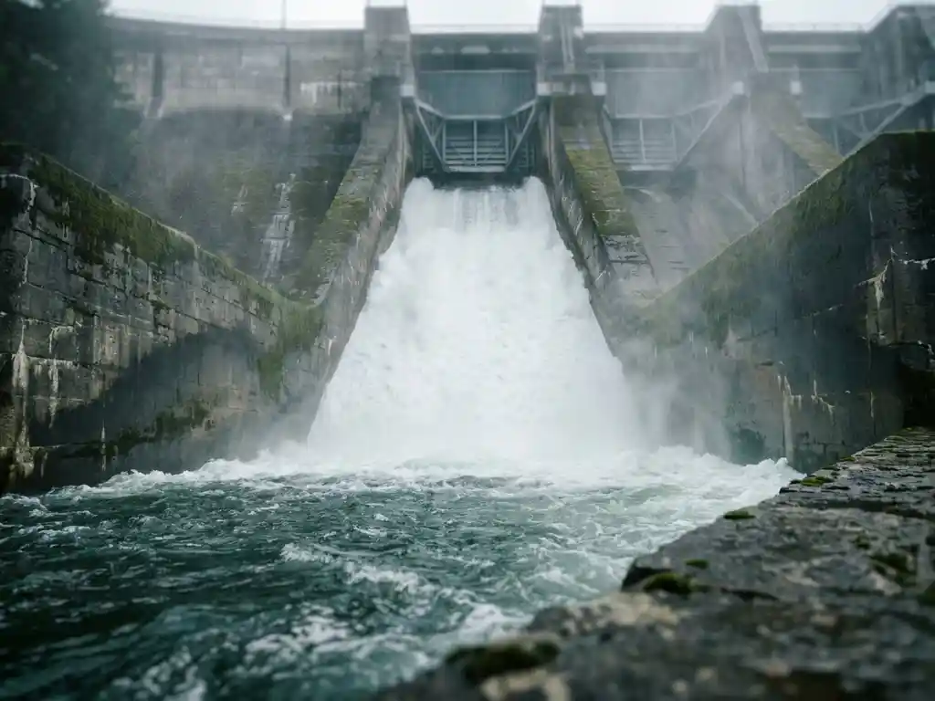 White water cascading down a concrete dam spillway, with mist rising from the turbulent teal pool below and mossy stone walls framing the scene.
