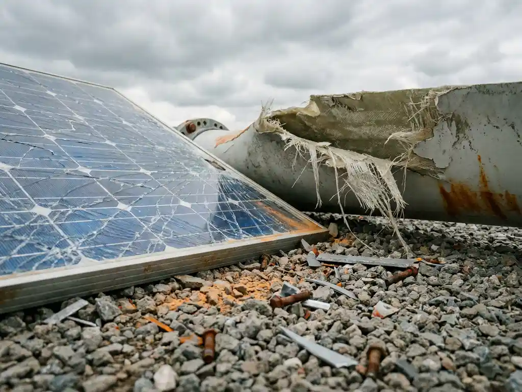 Cracked solar panel and weathered wind turbine blade with fiberglass fraying and surface delamination on industrial gravel.