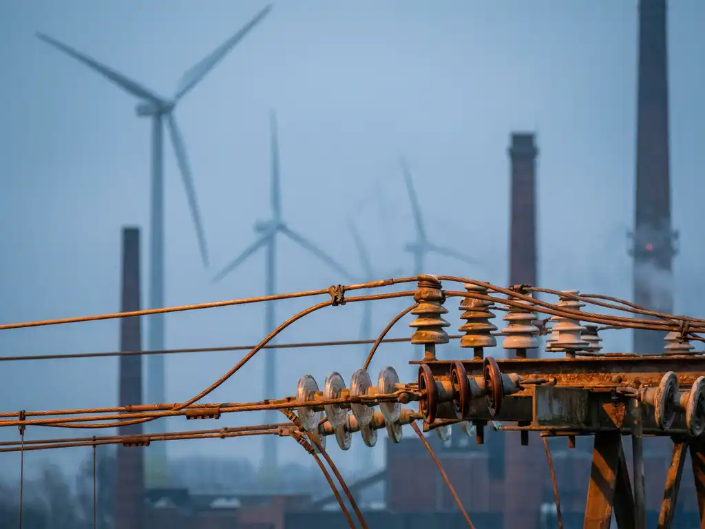 Copper power lines and ceramic insulators in a Dutch industrial landscape with wind turbines visible through golden-hour mist.