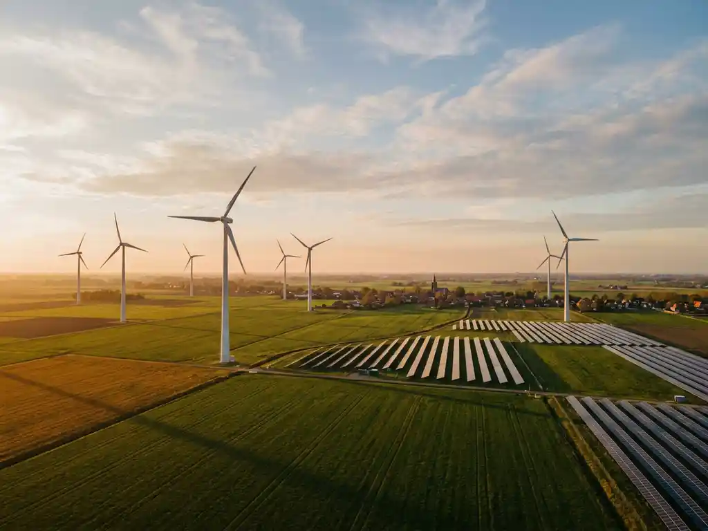 Wind turbines and solar panels across a sunlit Dutch landscape, golden afternoon light casting warm shadows over green fields under a clear sky.