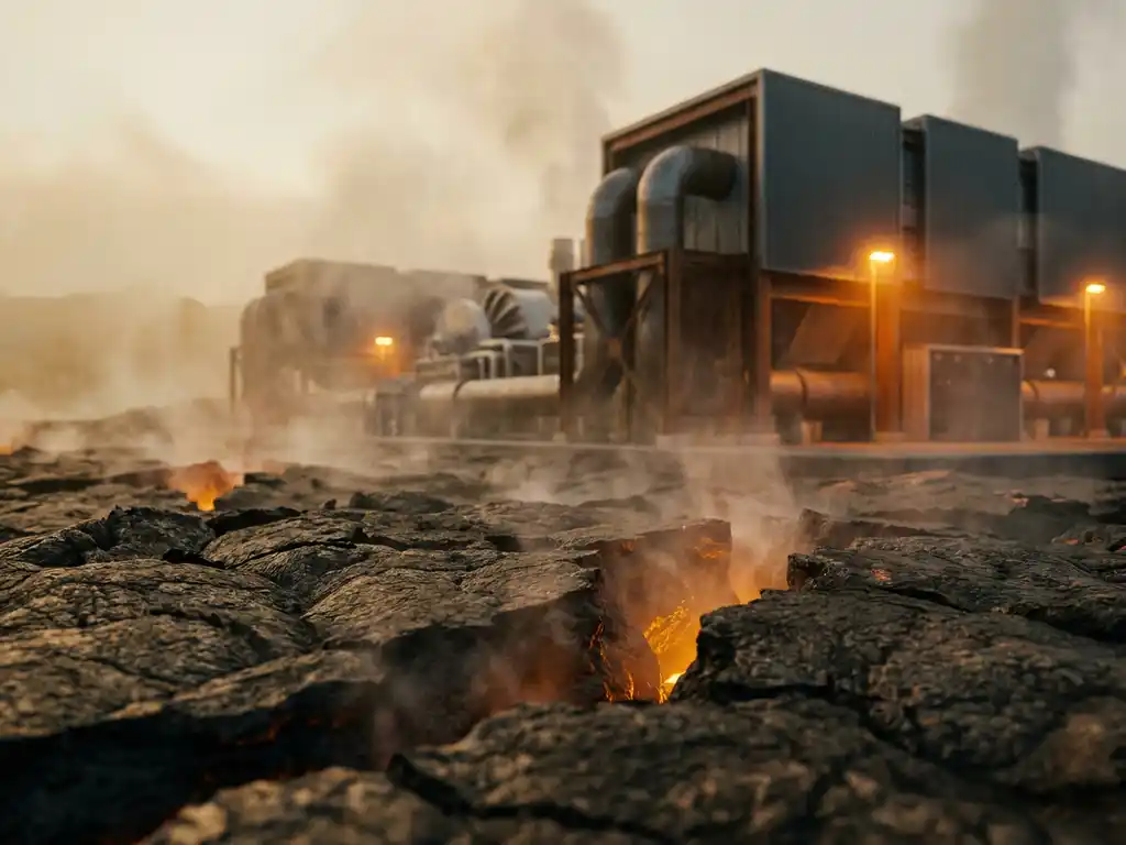 Steaming geothermal vents rising from cracked volcanic earth, glowing amber fissures, with industrial turbine infrastructure visible through misty haze.