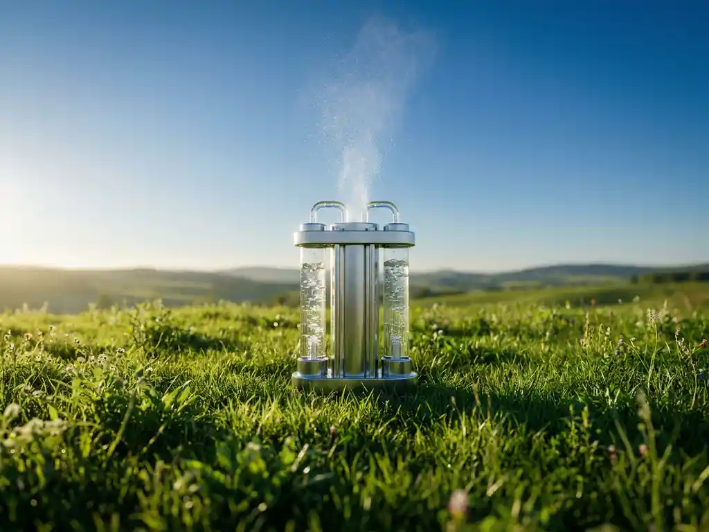 Electrolyzer unit producing green hydrogen from water splitting, set among lush meadows under a clear blue sky with golden sunlight.