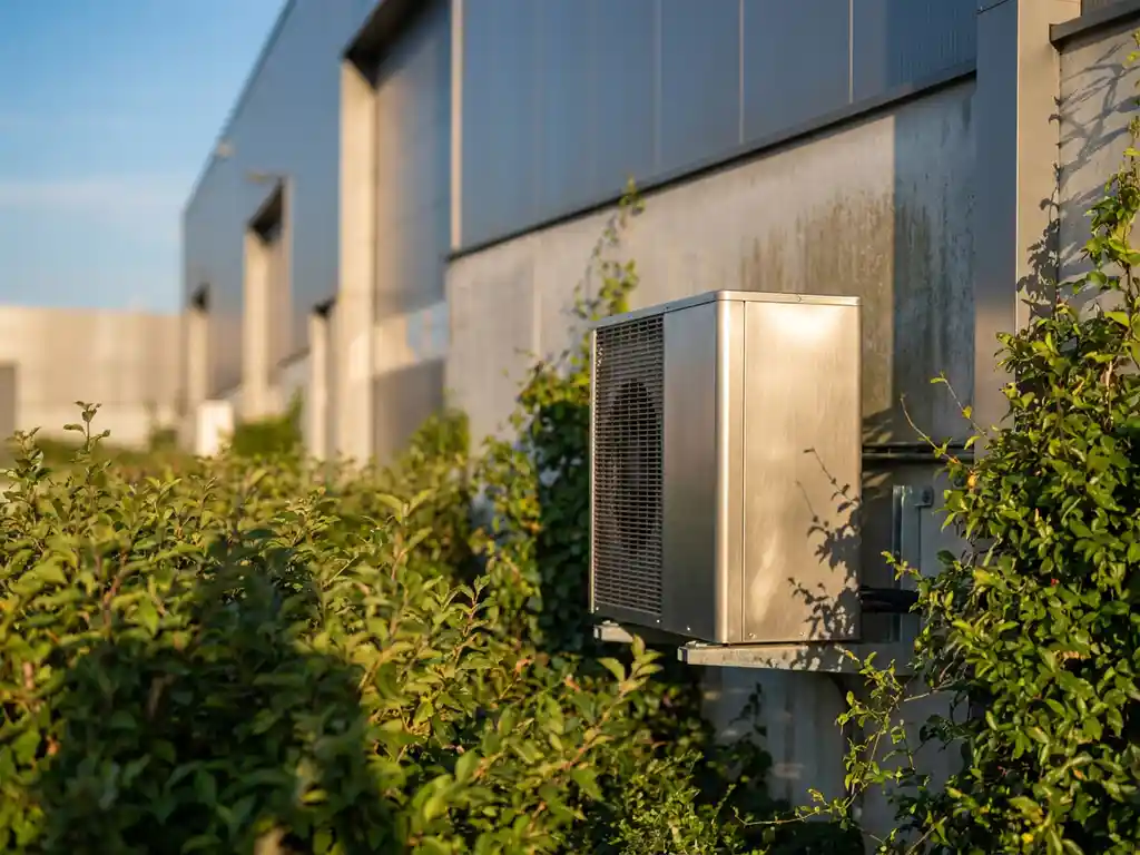 Modern heat pump unit mounted on an industrial building exterior, surrounded by green foliage under a clear blue sky with warm sunlight.