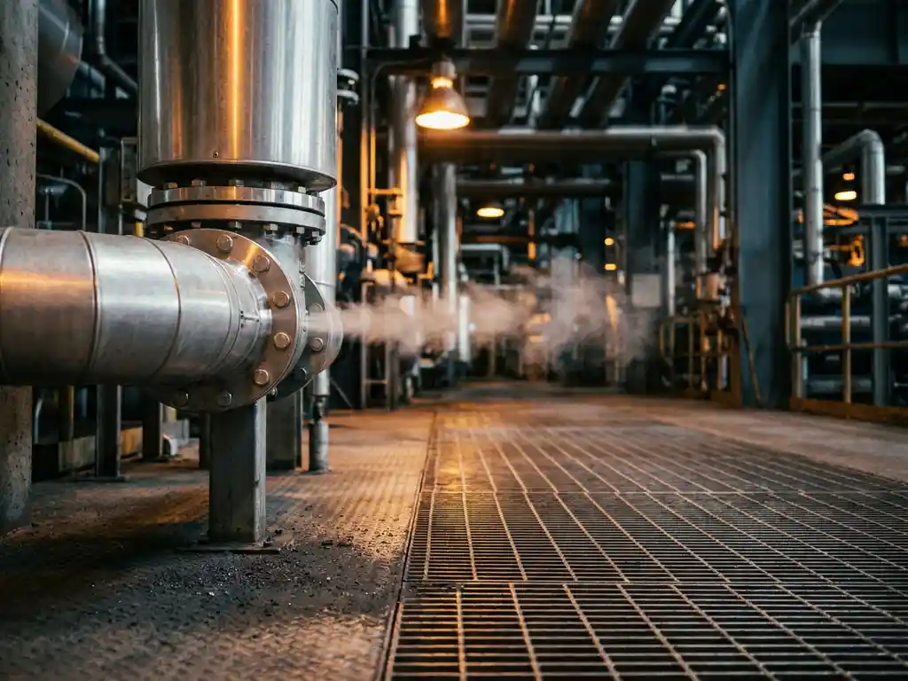 Steel pipeline valve releasing white hydrogen vapor in a modern industrial facility, warm amber light illuminating metallic surfaces with iron powder residue on a floor grate.