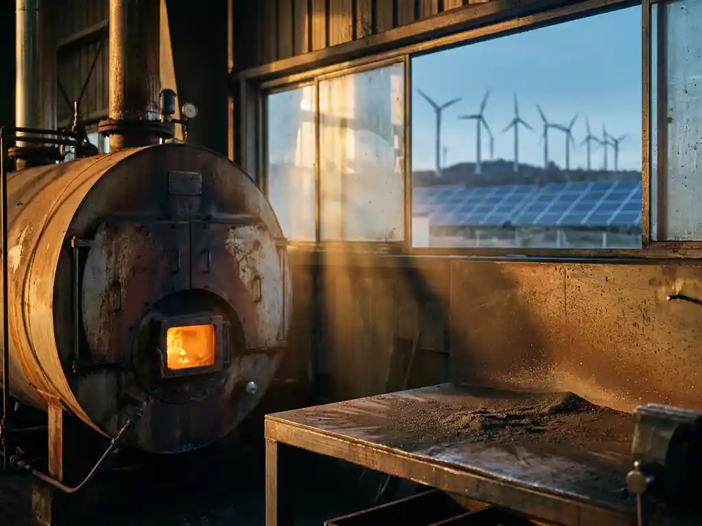 Industrial boiler glowing in foreground with wind turbine and solar panels visible through factory window in golden afternoon light.