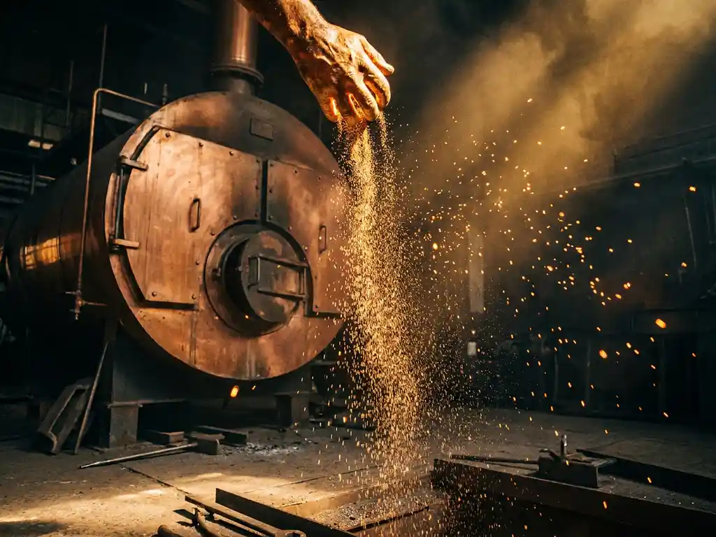 Fine iron powder cascading into an industrial boiler, amber sparks glowing against charcoal shadows in warm copper-toned factory light.