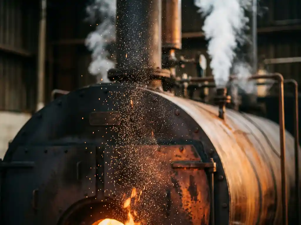 Fine iron powder cascading mid-air above an industrial boiler, metallic particles glowing amber against blurred factory interior with rising white steam.