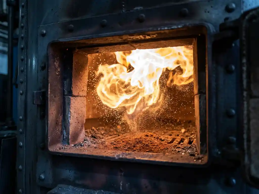 Iron powder combustion flame burning in an industrial boiler chamber, with brilliant amber and white sparks contrasting dark steel walls.