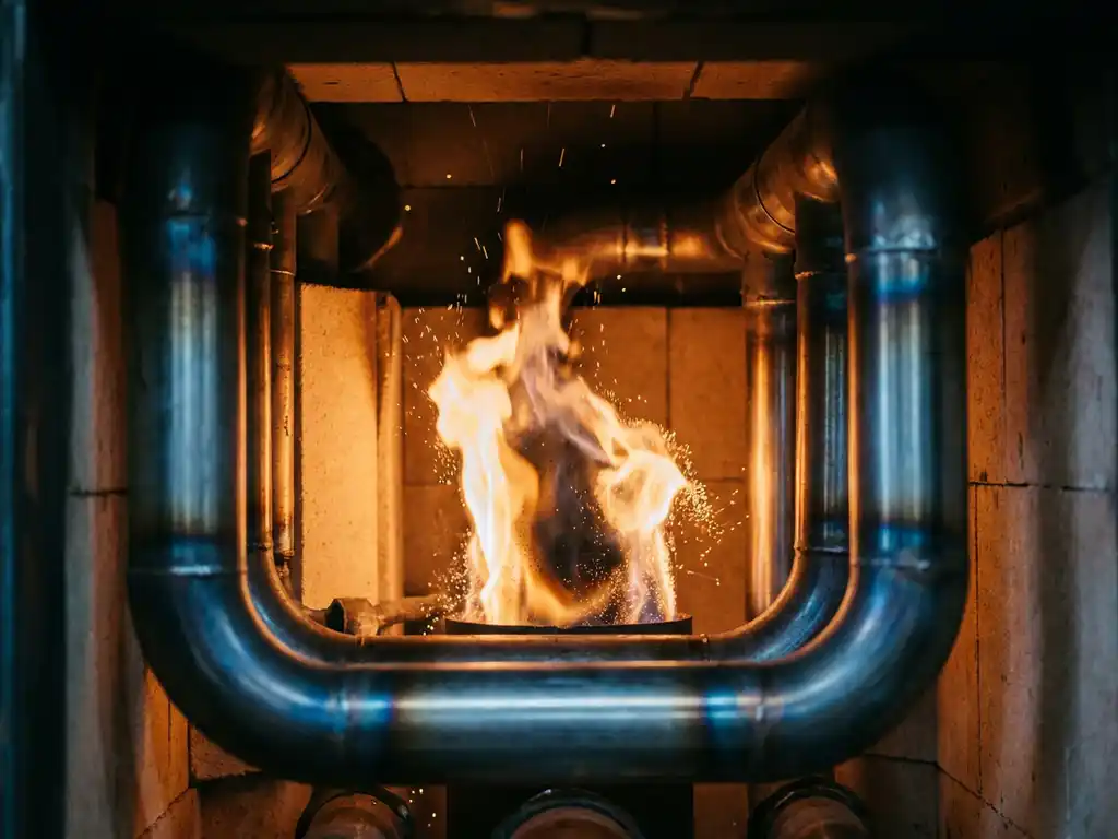 Iron powder combustion flame burning inside an industrial boiler chamber, with glowing metallic particles and steel pipes in amber and charcoal tones.