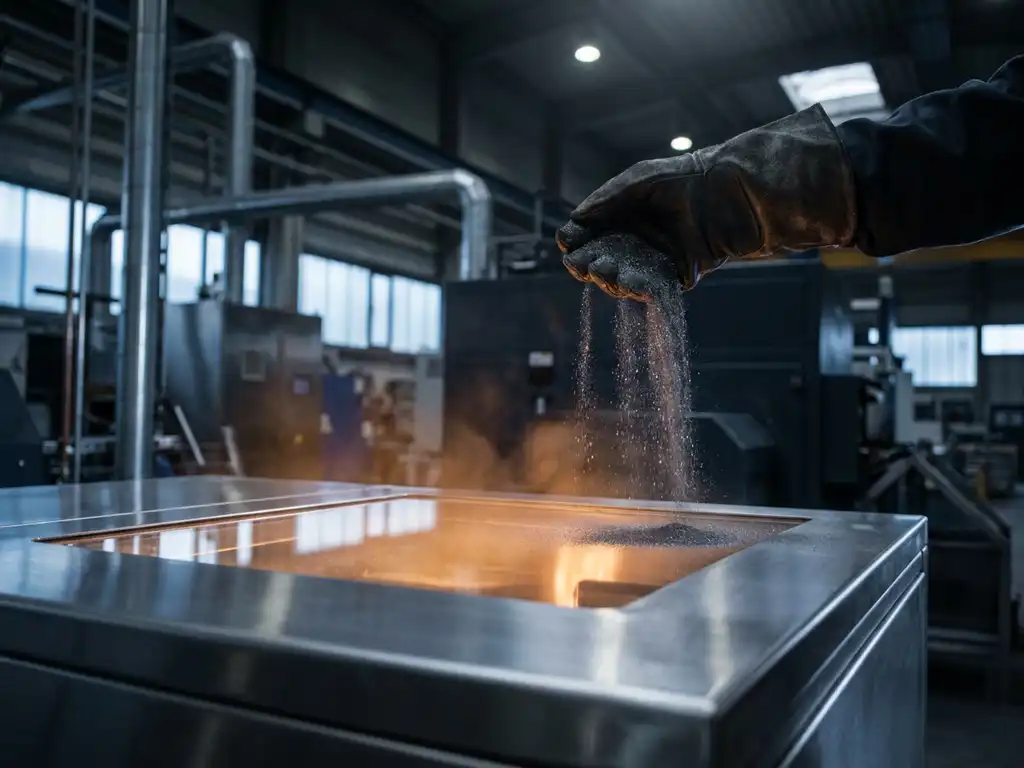 Iron powder cascading from a gloved hand over a modern industrial boiler system with amber combustion glow and brushed steel surfaces.