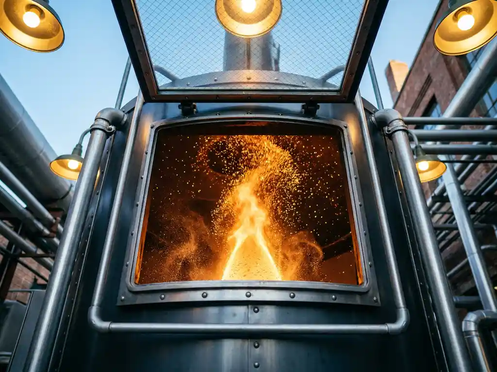 Iron powder combustion flame burning in an industrial boiler chamber, amber metallic particles igniting with no smoke at a Dutch facility.