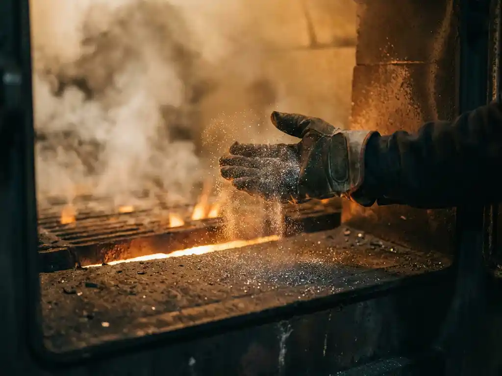 Fine iron powder suspended mid-air above an industrial boiler floor, metallic particles glowing amber and silver in warm combustion backlight.