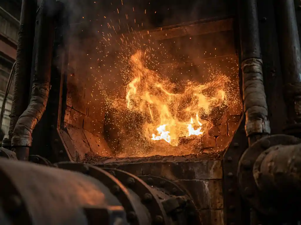 Iron powder igniting in an industrial boiler chamber, releasing bright orange ember sparks amid dark steel machinery and heat-resistant pipework.