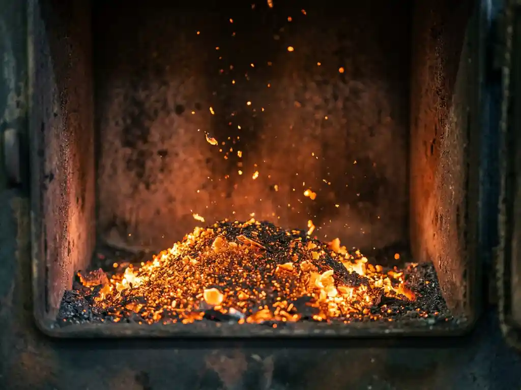 Iron powder combusting in an industrial boiler, bright orange embers dissolving into clean air with no smoke or exhaust.
