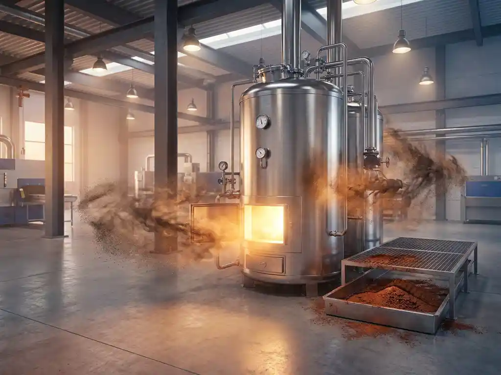 Industrial boiler glowing amber as iron powder swirls mid-combustion, with rust-red iron oxide residue in a collection tray on a modern factory floor.
