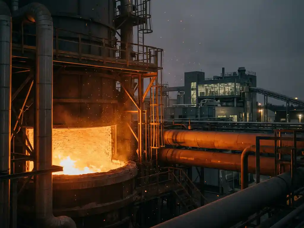 Iron powder combustion glowing amber inside an industrial boiler facility, with metallic dust particles suspended among steel pipelines and factory infrastructure.