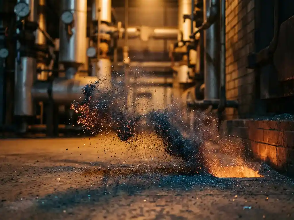 Fine iron powder suspended mid-air above a boiler floor, metallic particles glowing orange as they combust in warm amber industrial light.