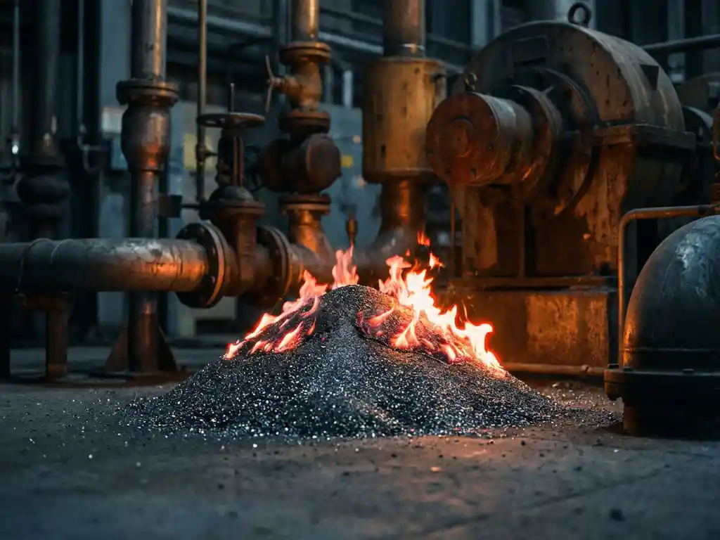 Burning iron powder mound with orange ember flames in an industrial boiler room surrounded by steel pipes and charcoal grey machinery.