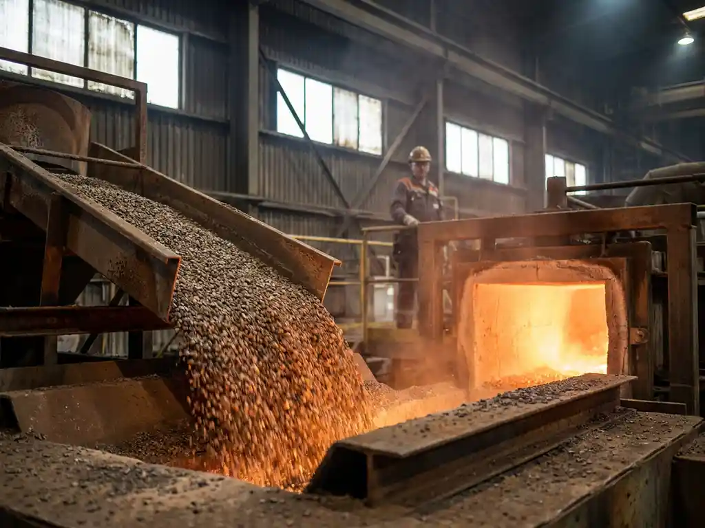 Rusted iron powder cascading into a glowing industrial furnace, transitioning from grey granules to amber combustion flames inside a Dutch manufacturing facility.