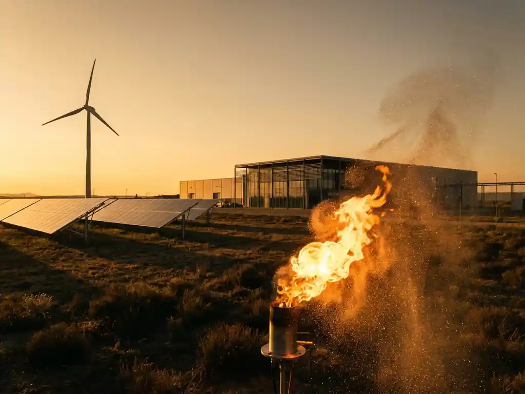 Wind turbine, solar panels, and iron powder combustion flame at golden hour, with metallic powder cascading in warm amber light near a modern energy facility.