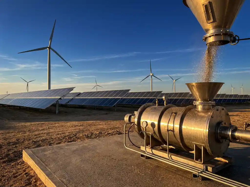 Solar panels, wind turbines, and iron powder combustion chamber on industrial landscape with metallic powder cascading in golden-hour light.
