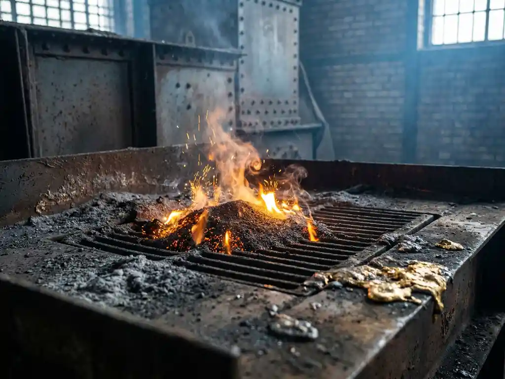 Iron powder combustion glowing with amber and orange sparks against a dark industrial boiler, iron oxide ash settling nearby.