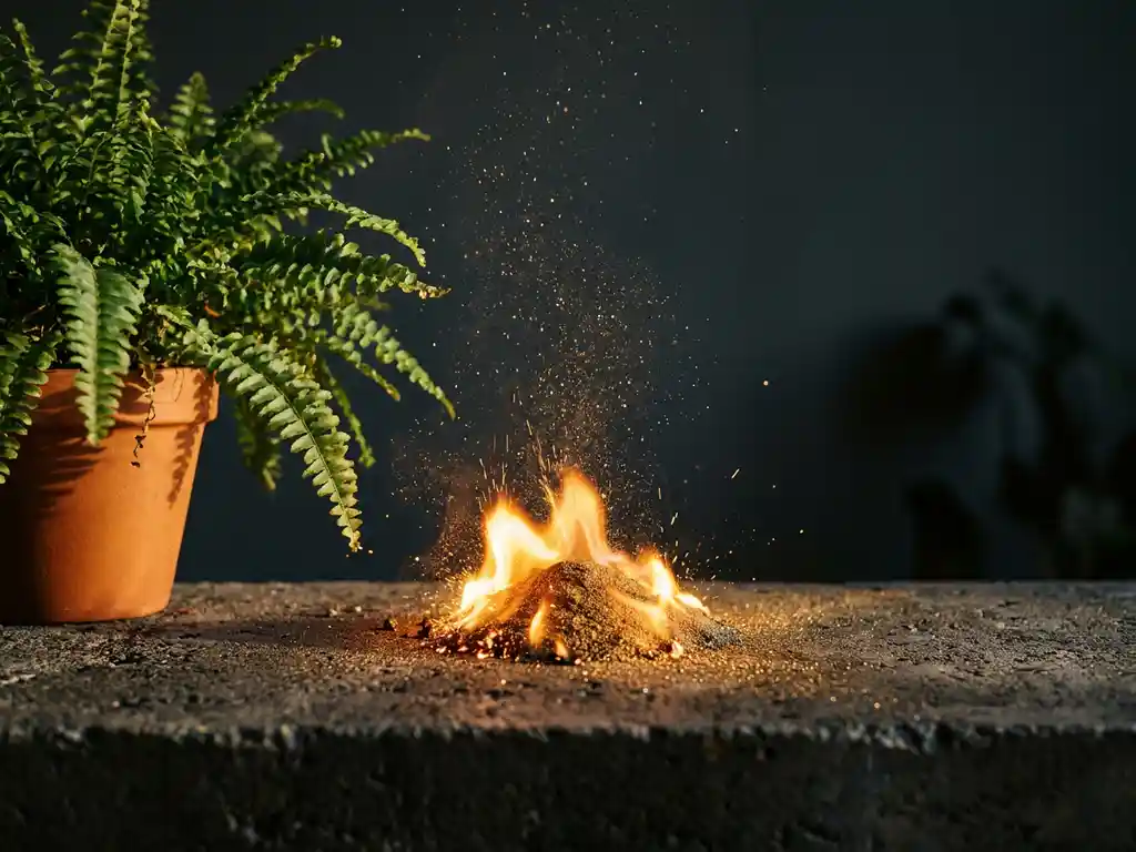 Iron powder flame burning amber beside a green plant on concrete, metallic particles glowing gold mid-air against a dark charcoal background.