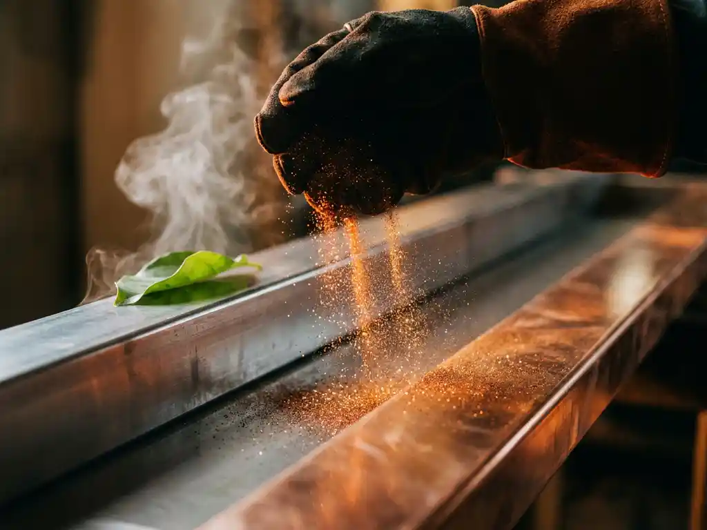 Fine iron powder mid-pour over steel, metallic particles glowing amber and copper beside a green leaf and rising white steam.