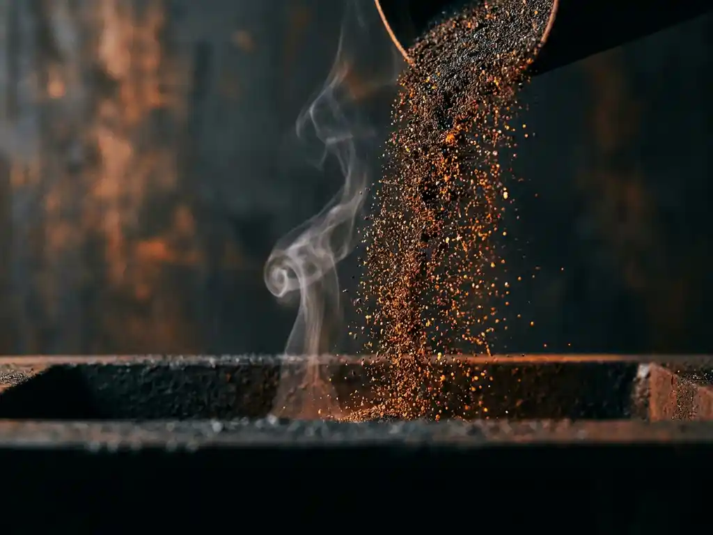 Fine iron powder mid-pour, individual metallic particles glowing amber and orange like embers against a dark charcoal background.
