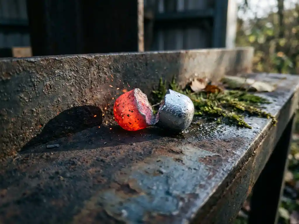 Iron powder pellet split in half, one side glowing red mid-combustion, the other raw silver, on a weathered metal surface with green moss.