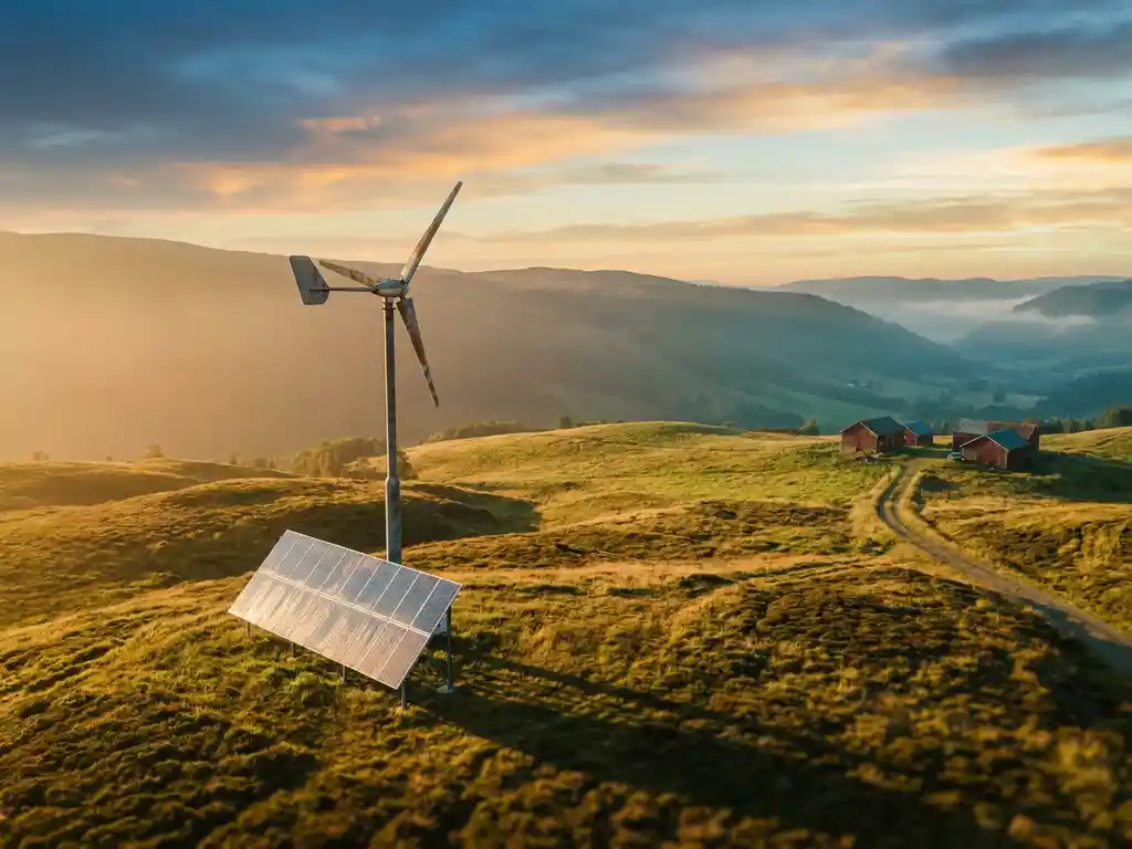 Wind turbine and solar panel array side by side on sun-drenched Nordic hills during golden hour, long shadows across green terrain.