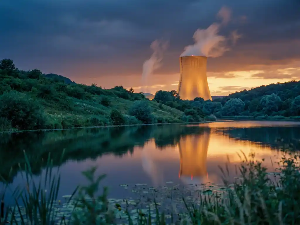 Nuclear cooling tower reflected in a still reservoir at dusk, steam rising against an indigo and amber sky with golden light on the water.