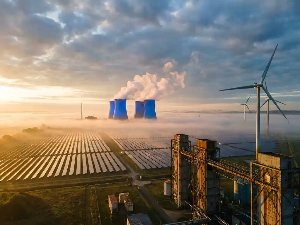 Nuclear cooling tower rising through morning mist beside solar panels and wind turbines, golden-hour light over mixed energy landscape.