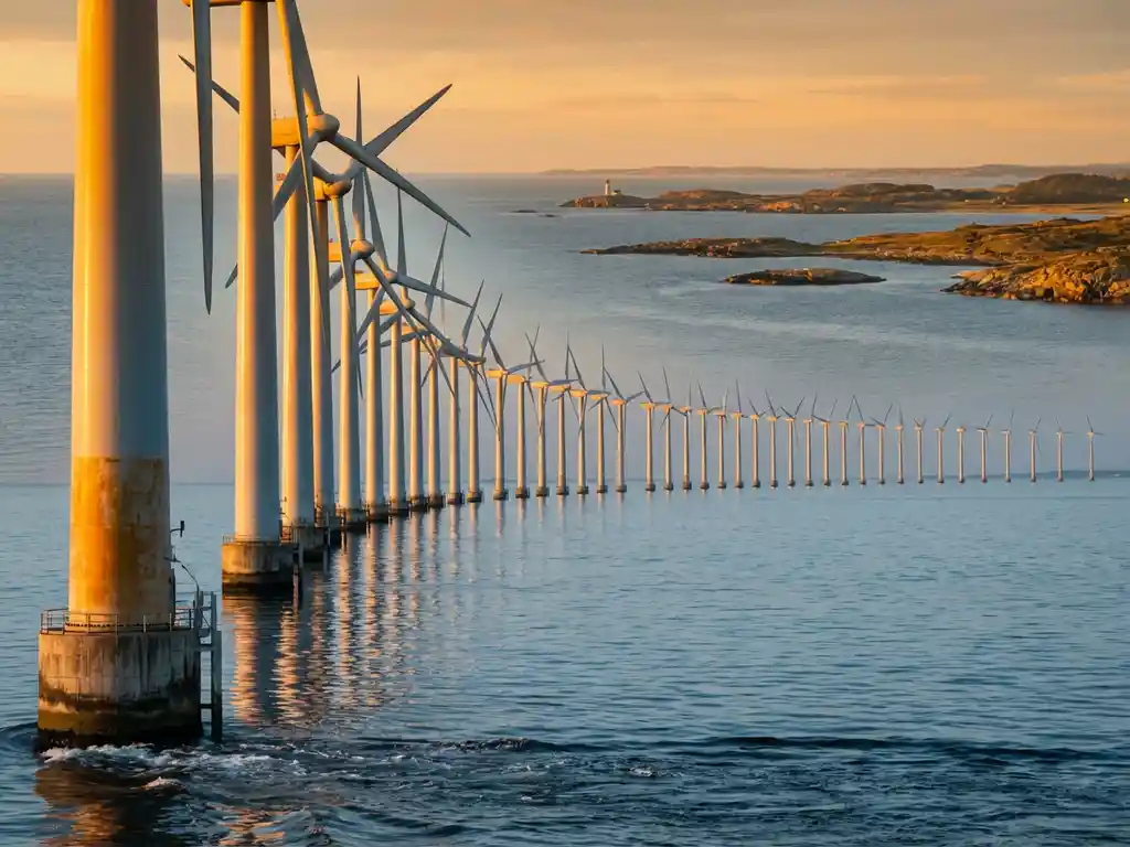 Offshore wind farm at golden hour, turbines reflected in calm steel-blue ocean with a sunlit Nordic coastline in the background.