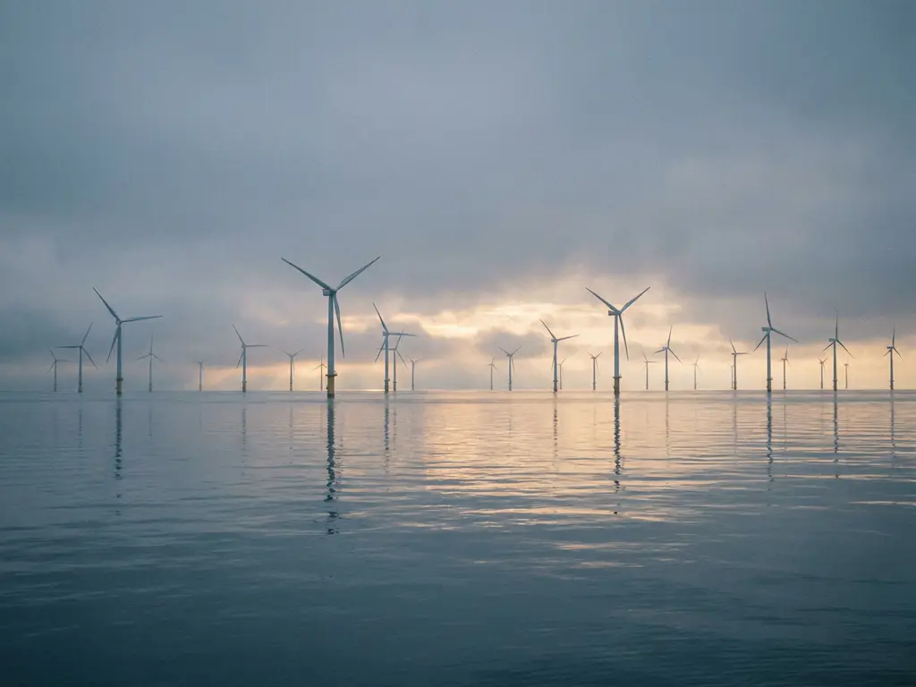 Offshore wind farm turbines reflected in calm North Sea water at amber sunrise, evoking large-scale clean energy transformation.
