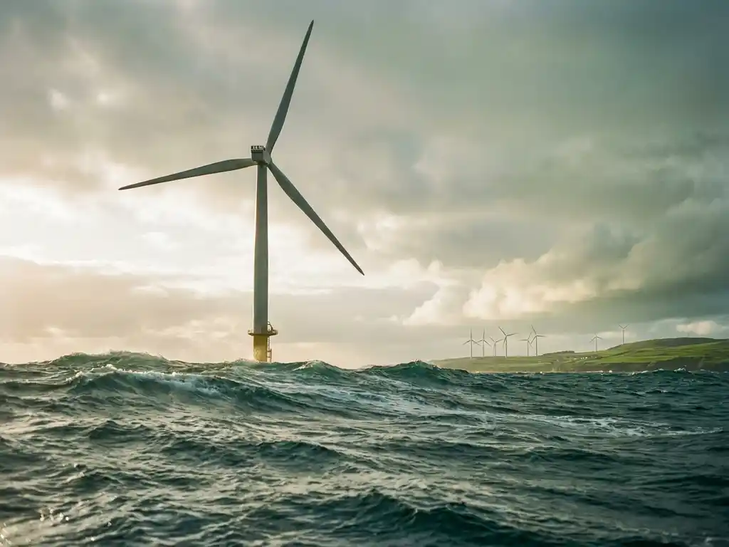 Offshore wind turbine rising from choppy teal ocean waves, with onshore turbines on a distant green hillside under golden late-afternoon light.