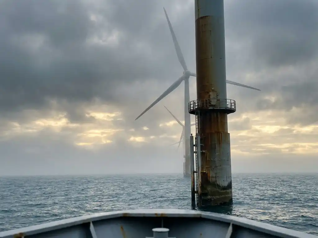 Offshore wind turbines rising from misty grey-blue ocean, low-angle view looking up at white blades against overcast sky with golden diffused light.