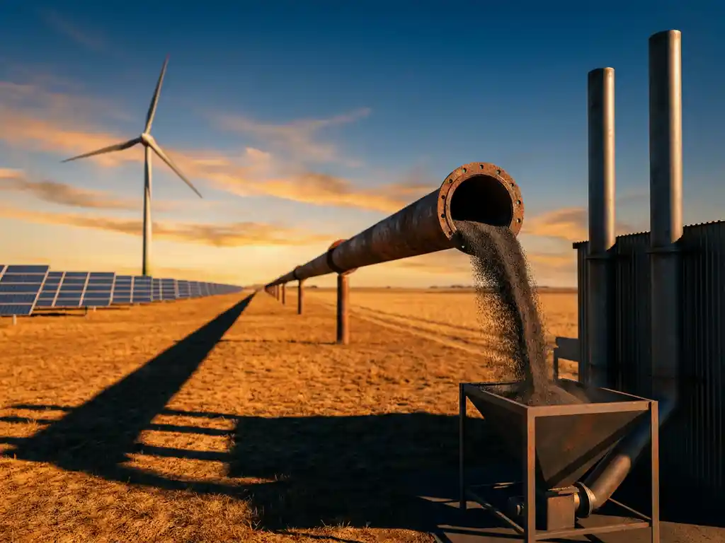 Wind turbine and solar panels on farmland beside an industrial boiler facility, with iron powder replacing a rusted pipeline at golden hour.
