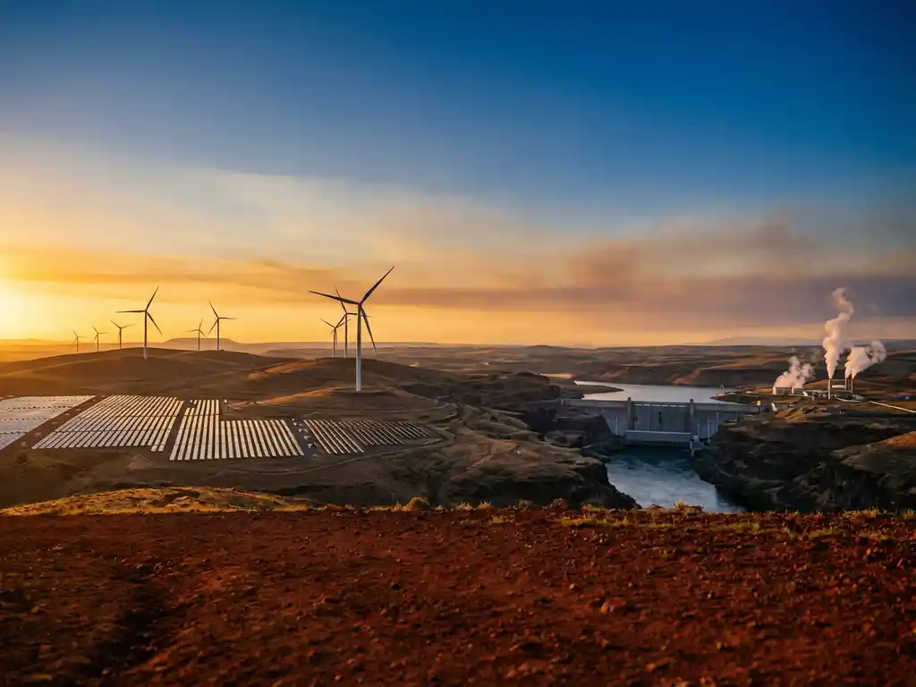Panoramic golden hour landscape featuring wind turbines, solar panels, hydroelectric dam, and geothermal steam vents across iron-red terrain under amber and cobalt sky.