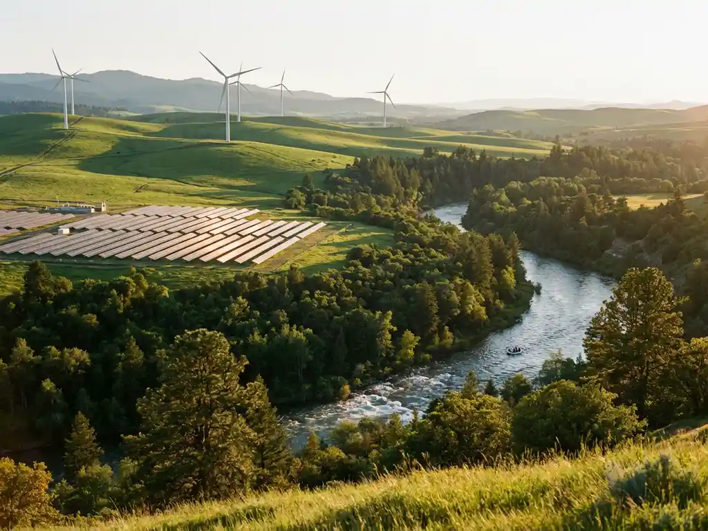 Panoramic renewable energy landscape featuring wind turbines, solar panels, river, and forest under warm golden afternoon light.