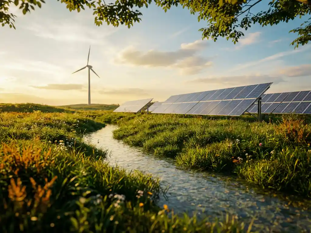 Sun-drenched meadow with wildflowers, a clear stream, wind turbine, and solar panels under a golden sky showcasing renewable energy.