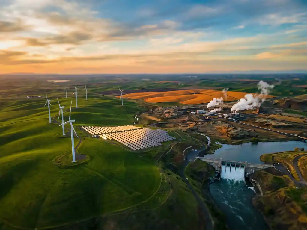 Aerial landscape showcasing five renewable energy sources: wind turbines, solar panels, hydroelectric dam, geothermal vents, and biomass fields under a dramatic sky.