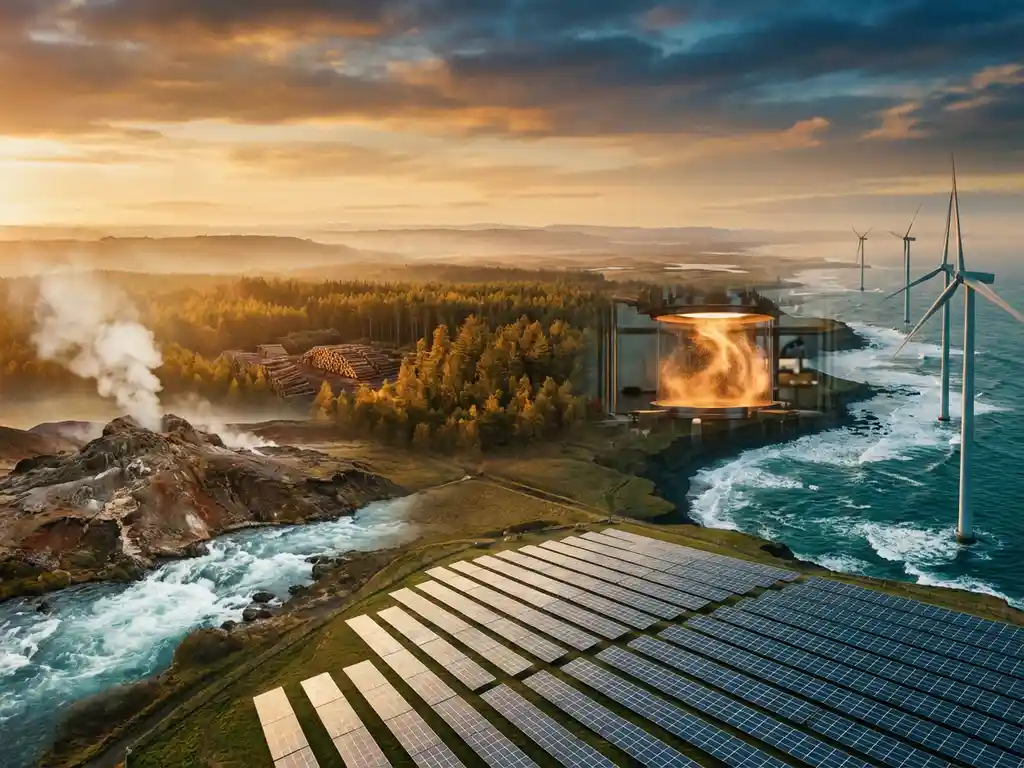 Panoramic renewable energy landscape featuring solar panels, wind turbines over ocean, geothermal steam vents, river, biomass forest, and glowing iron powder combustion.