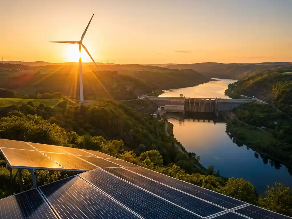 Wind turbine, solar panels, and hydroelectric dam in a sunlit green valley with a winding river reflecting golden-hour light.