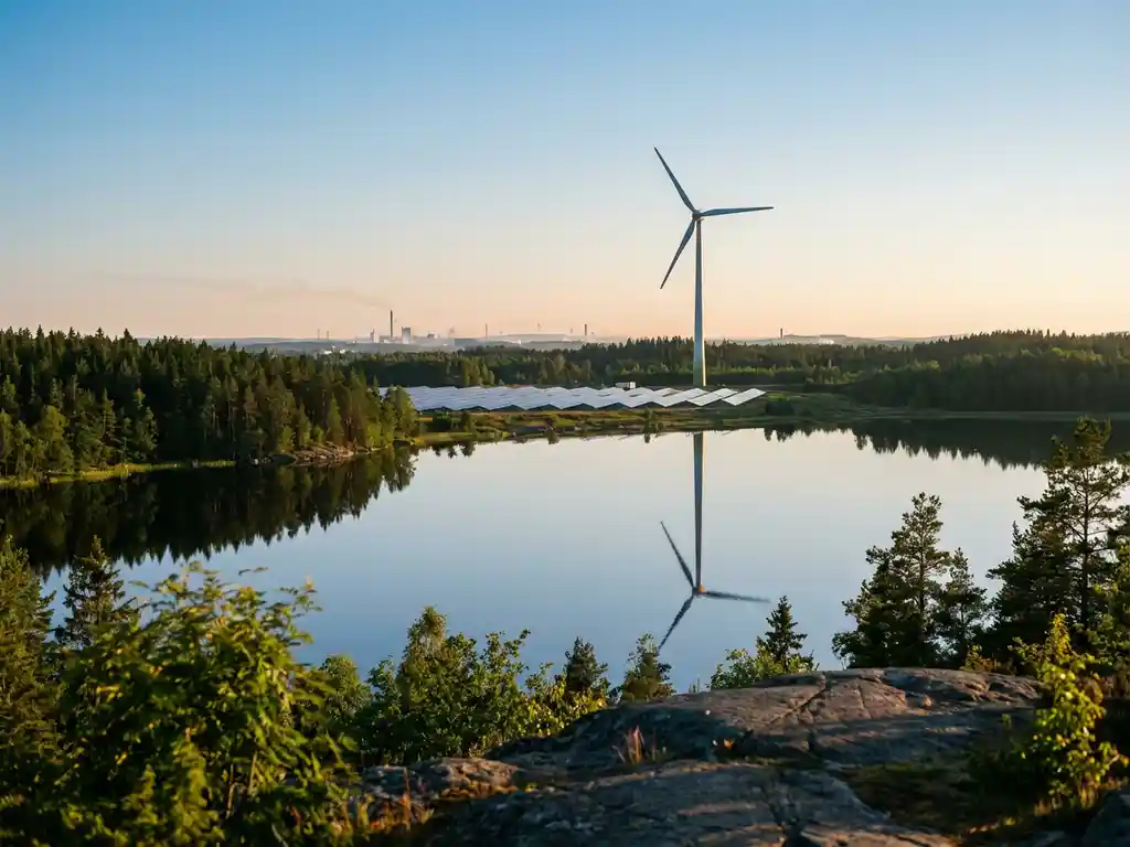 Wind turbine and solar panels reflected in a calm lake, framed by green forest and a fading industrial skyline in warm golden afternoon light.