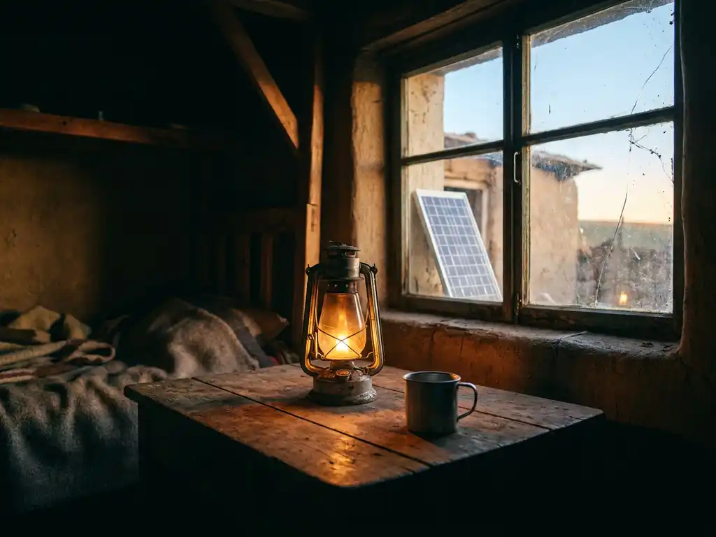 Dim kerosene lantern casting warm amber glow on a weathered table in a sparse rural home, small solar panel visible through a cracked window.