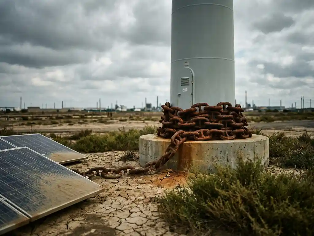 Rusted chain wrapped around a wind turbine base anchored in cracked earth, with solar panels buried in dusty ground under an overcast industrial sky.